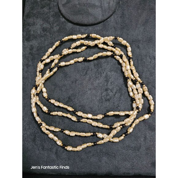 Opera Length Faux Freshwater Pearl Necklace With Black & Gold Accents 32" - Picture 2 of 9